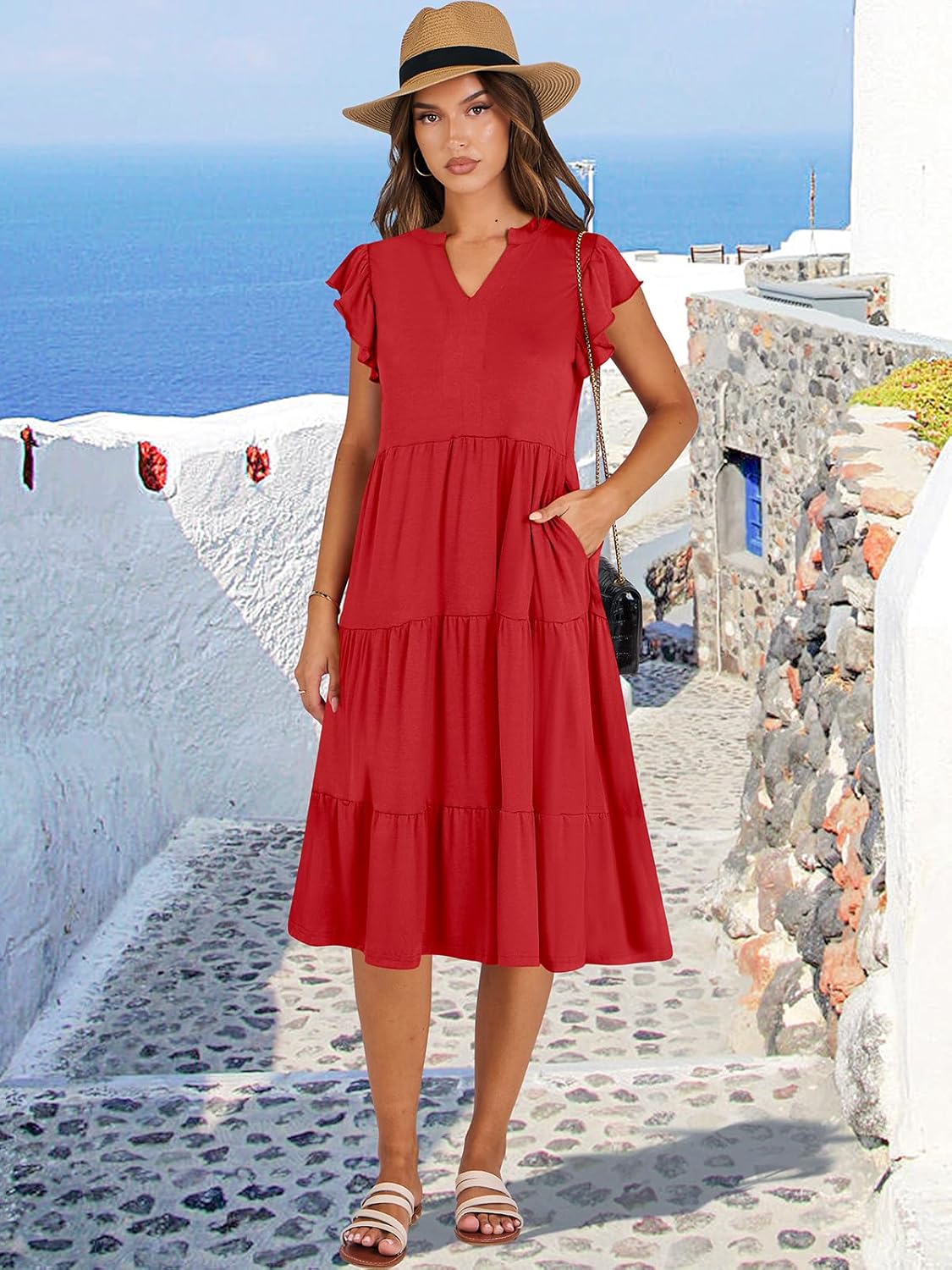 Womens Ruffle Sleeve V Neck Midi Dress Flowy Tiered Boho Beach Vacation Sundress - Picture 93 of 198
