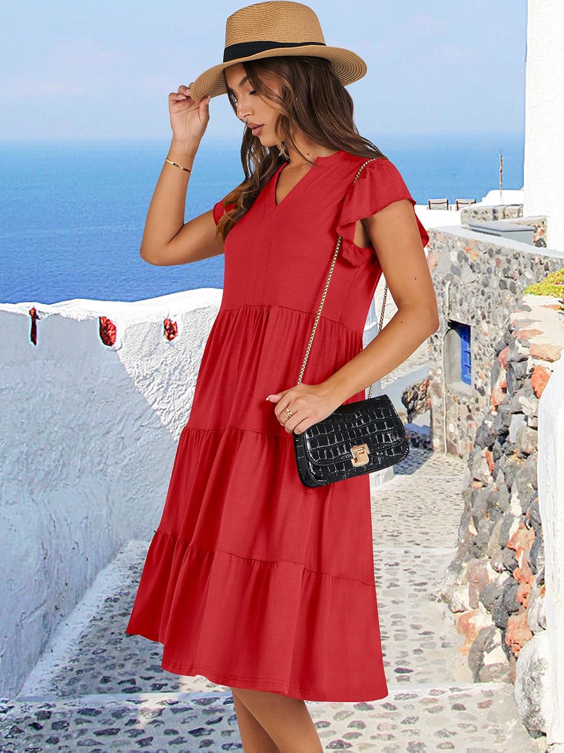Womens Ruffle Sleeve V Neck Midi Dress Flowy Tiered Boho Beach Vacation Sundress - Picture 94 of 198