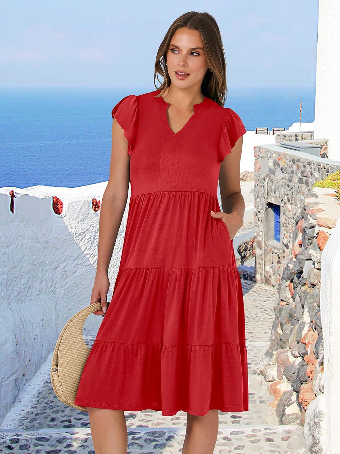 Womens Ruffle Sleeve V Neck Midi Dress Flowy Tiered Boho Beach Vacation Sundress - Picture 95 of 198