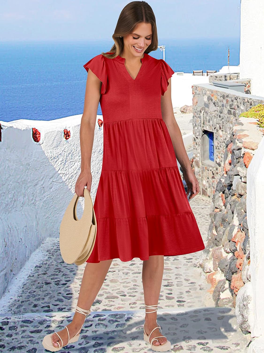 Womens Ruffle Sleeve V Neck Midi Dress Flowy Tiered Boho Beach Vacation Sundress - Picture 96 of 198