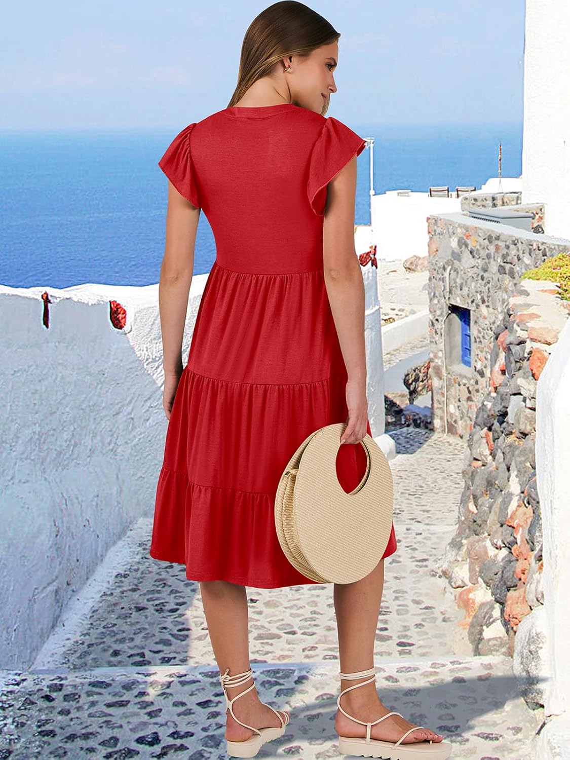 Womens Ruffle Sleeve V Neck Midi Dress Flowy Tiered Boho Beach Vacation Sundress - Picture 97 of 198