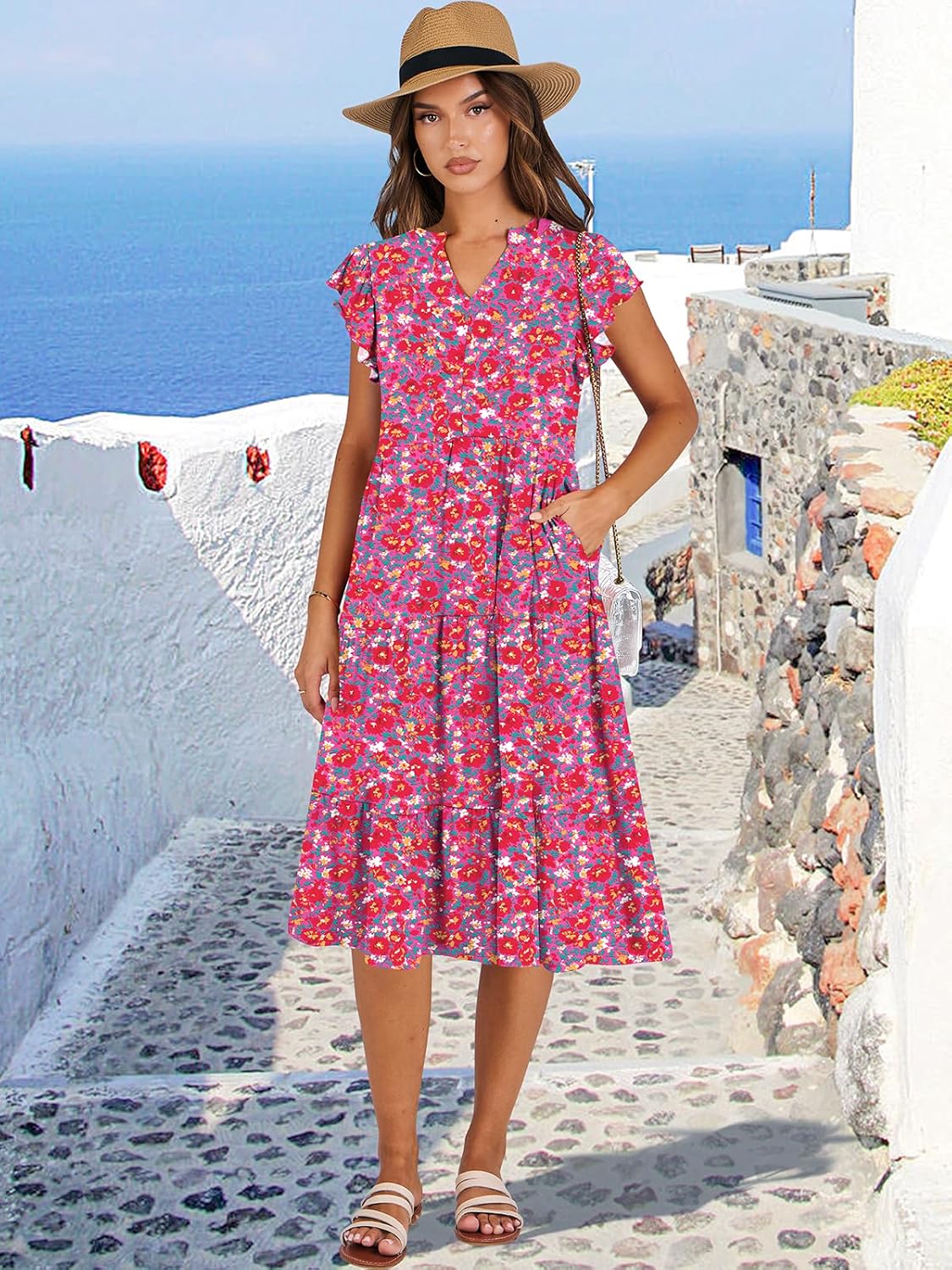 Womens Ruffle Sleeve V Neck Midi Dress Flowy Tiered Boho Beach Vacation Sundress - Picture 99 of 198