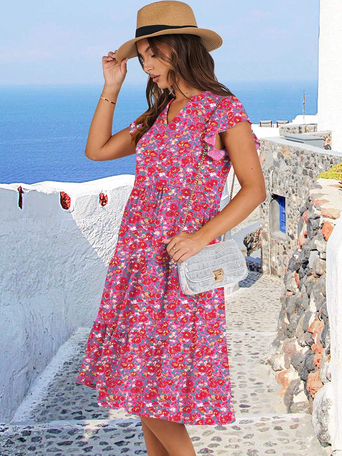 Womens Ruffle Sleeve V Neck Midi Dress Flowy Tiered Boho Beach Vacation Sundress - Picture 100 of 198