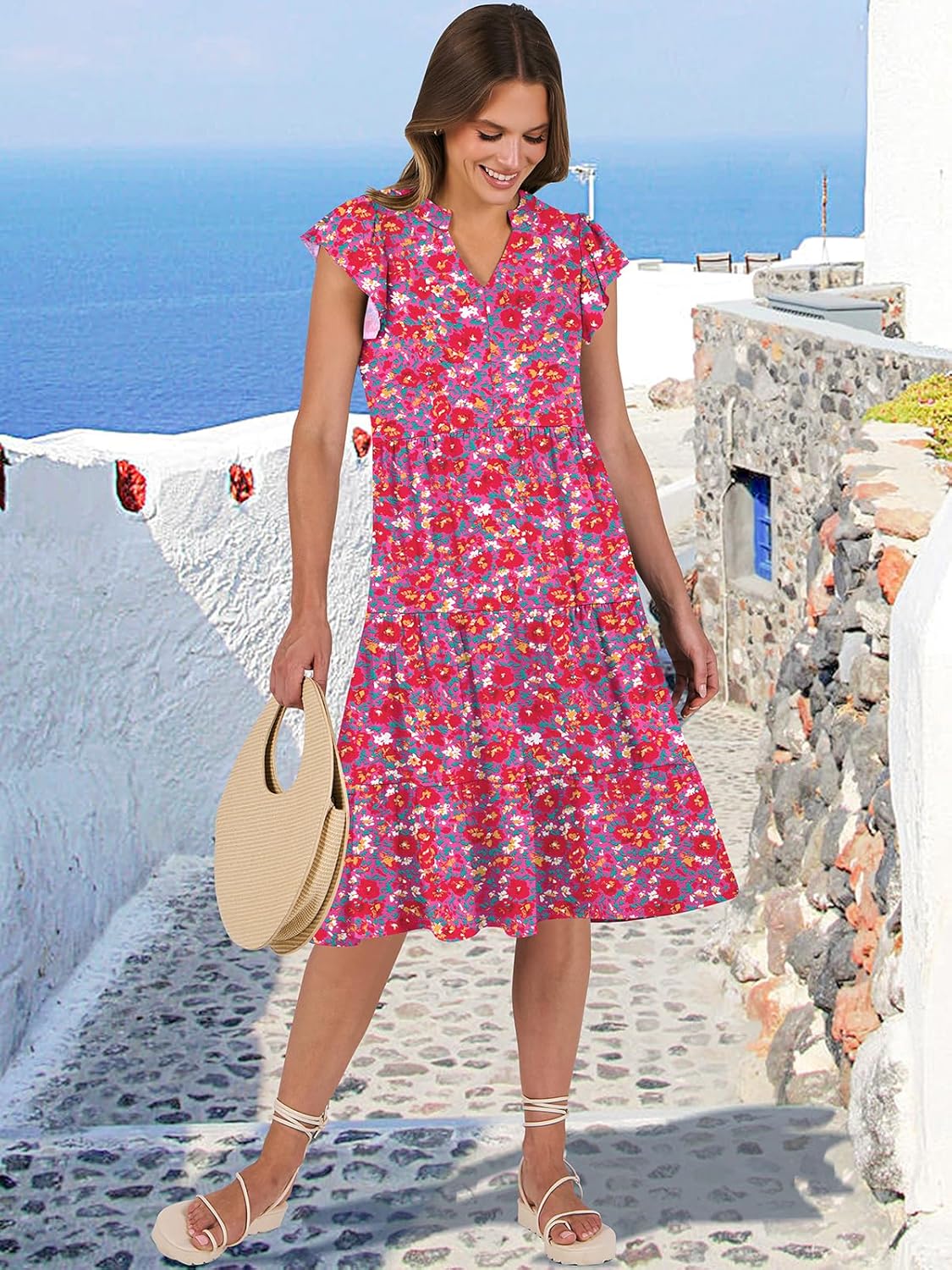 Womens Ruffle Sleeve V Neck Midi Dress Flowy Tiered Boho Beach Vacation Sundress - Picture 101 of 198