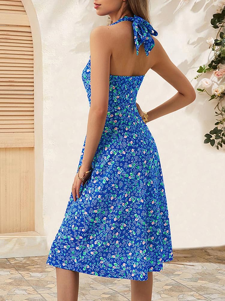 Women's Sleeveless Halter Neck Sundress Floral Mini Dress with Pocket Ruffle - Picture 158 of 166