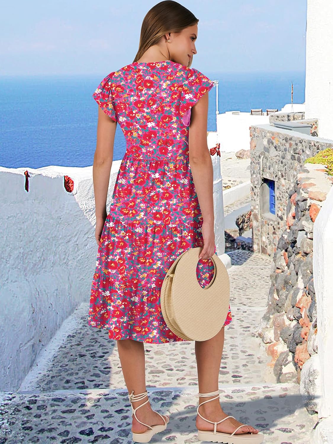 Womens Ruffle Sleeve V Neck Midi Dress Flowy Tiered Boho Beach Vacation Sundress - Picture 102 of 198