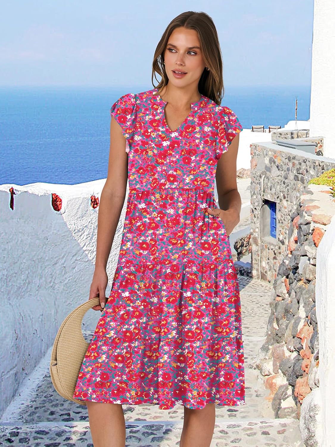 Womens Ruffle Sleeve V Neck Midi Dress Flowy Tiered Boho Beach Vacation Sundress - Picture 103 of 198