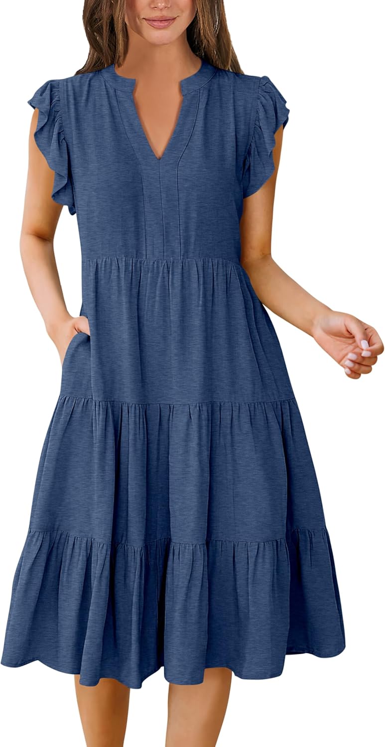 Womens Ruffle Sleeve V Neck Midi Dress Flowy Tiered Boho Beach Vacation Sundress - Picture 104 of 198