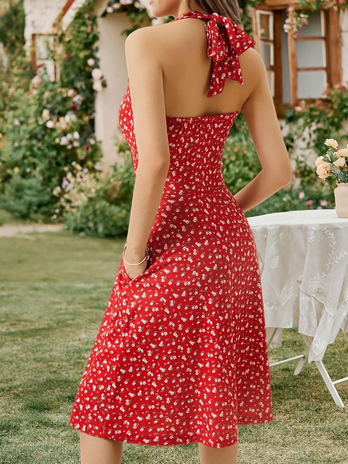 Women's Sleeveless Halter Neck Sundress Floral Mini Dress with Pocket Ruffle - Picture 162 of 166