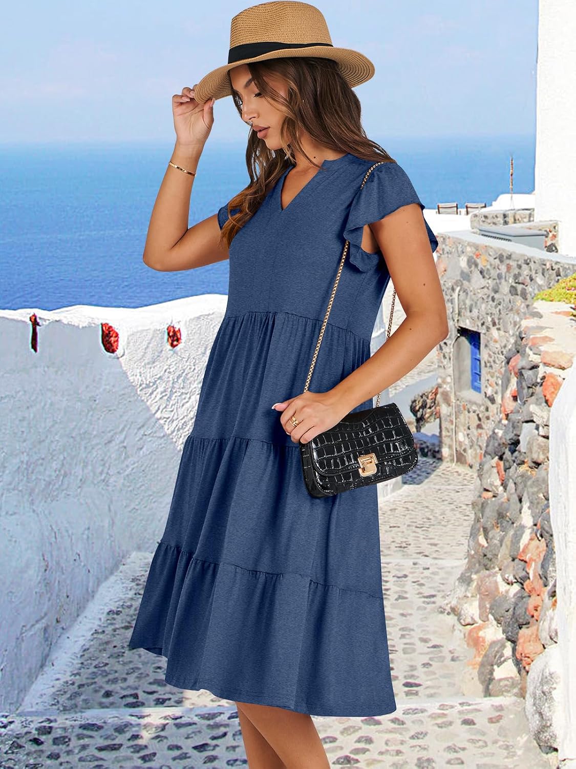 Womens Ruffle Sleeve V Neck Midi Dress Flowy Tiered Boho Beach Vacation Sundress - Picture 106 of 198