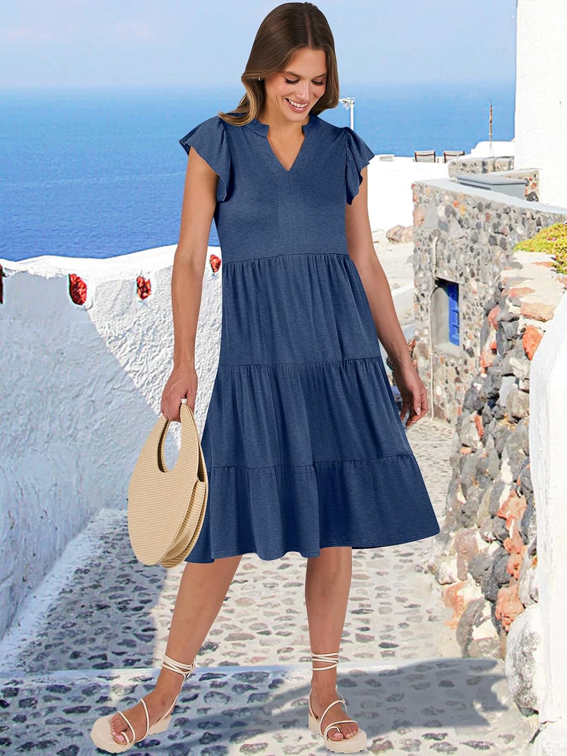 Womens Ruffle Sleeve V Neck Midi Dress Flowy Tiered Boho Beach Vacation Sundress - Picture 107 of 198
