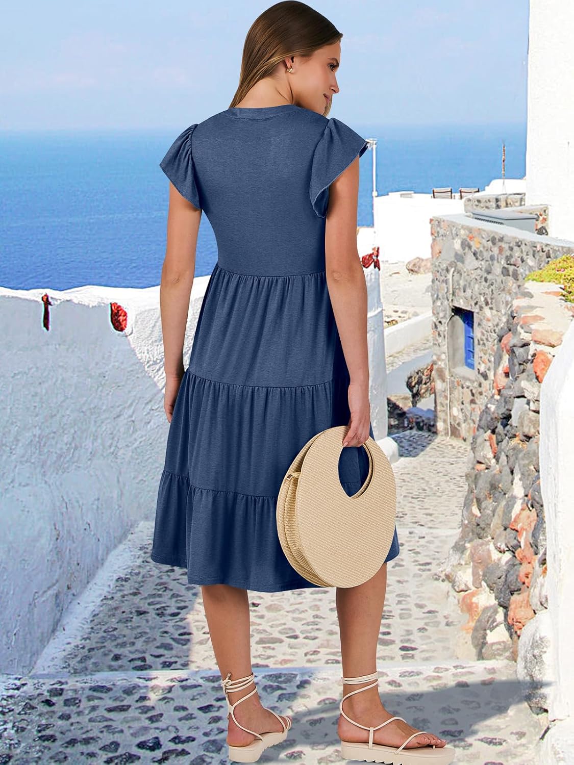 Womens Ruffle Sleeve V Neck Midi Dress Flowy Tiered Boho Beach Vacation Sundress - Picture 108 of 198
