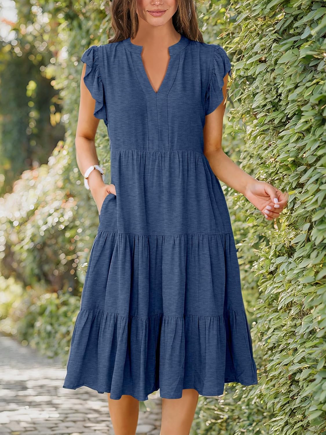 Womens Ruffle Sleeve V Neck Midi Dress Flowy Tiered Boho Beach Vacation Sundress - Picture 110 of 198