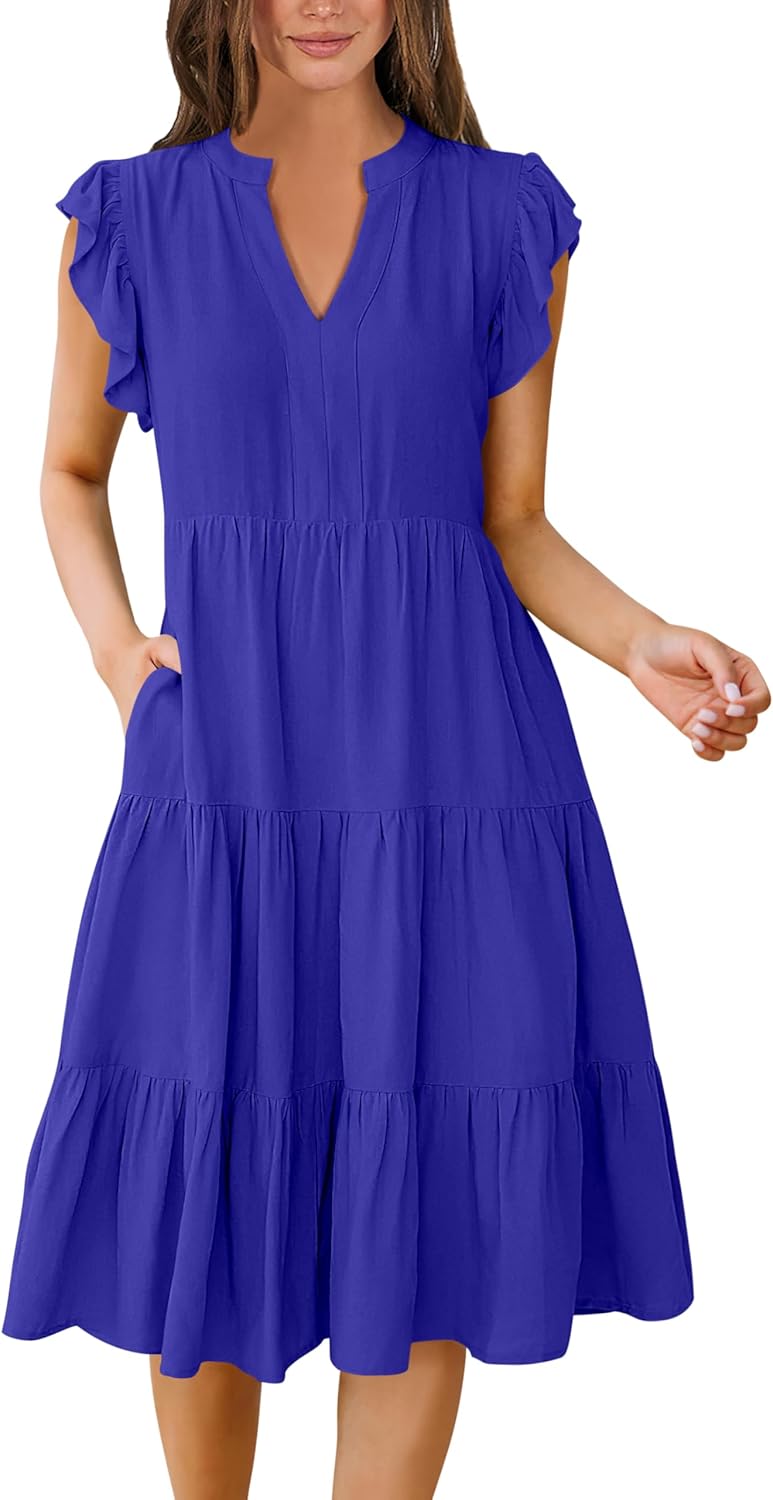 Womens Ruffle Sleeve V Neck Midi Dress Flowy Tiered Boho Beach Vacation Sundress - Picture 111 of 198
