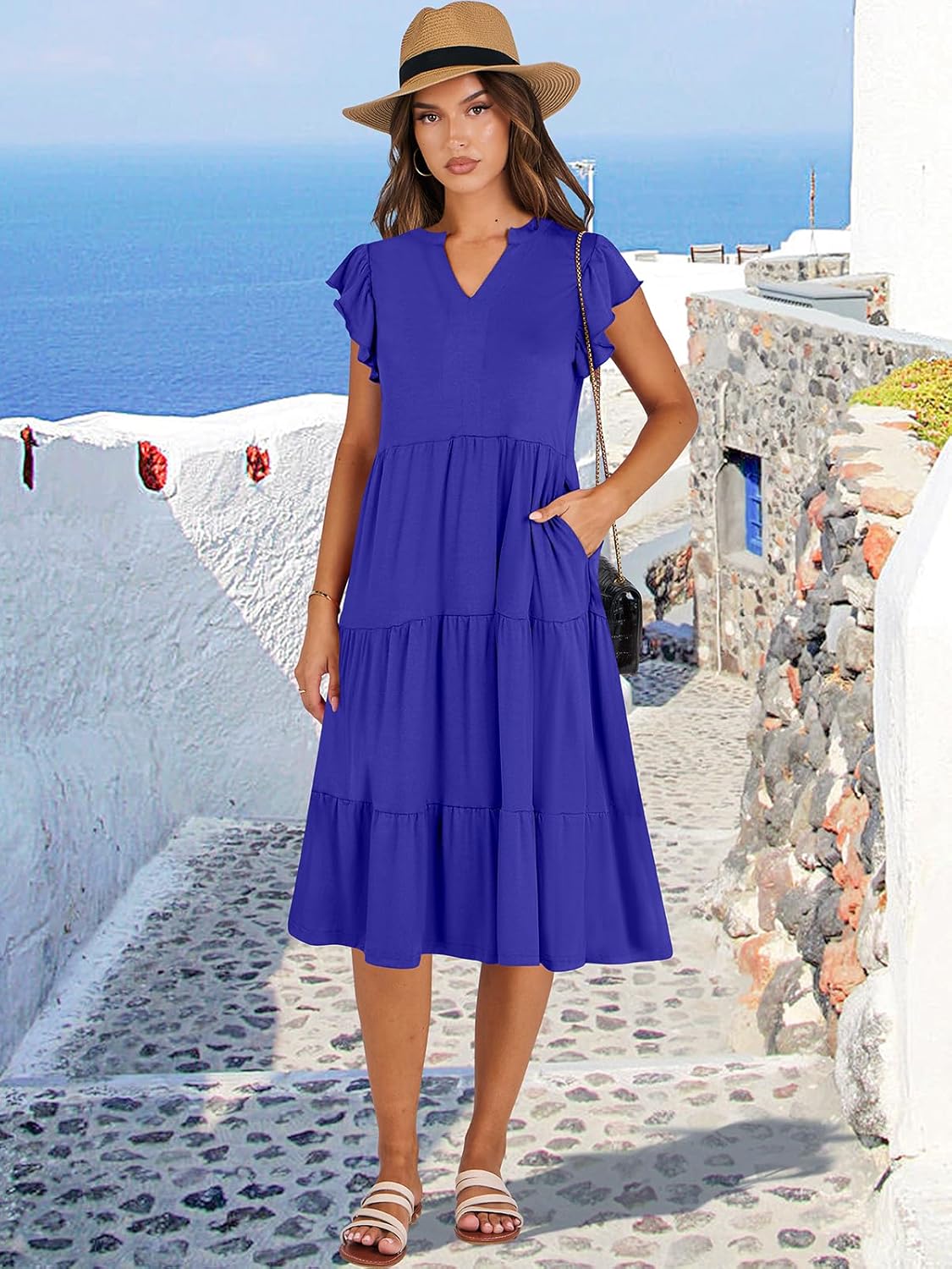 Womens Ruffle Sleeve V Neck Midi Dress Flowy Tiered Boho Beach Vacation Sundress - Picture 112 of 198