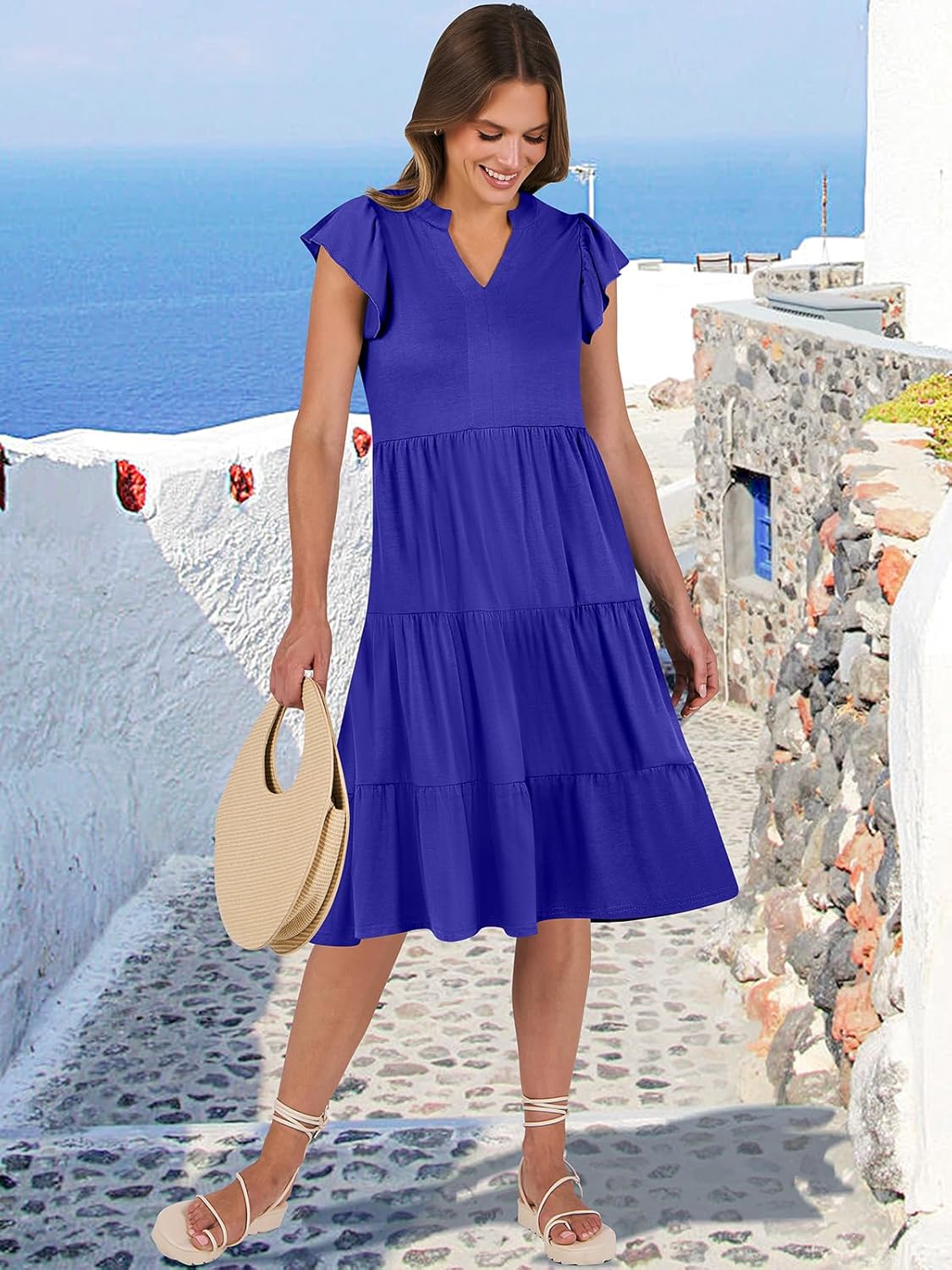 Womens Ruffle Sleeve V Neck Midi Dress Flowy Tiered Boho Beach Vacation Sundress - Picture 115 of 198