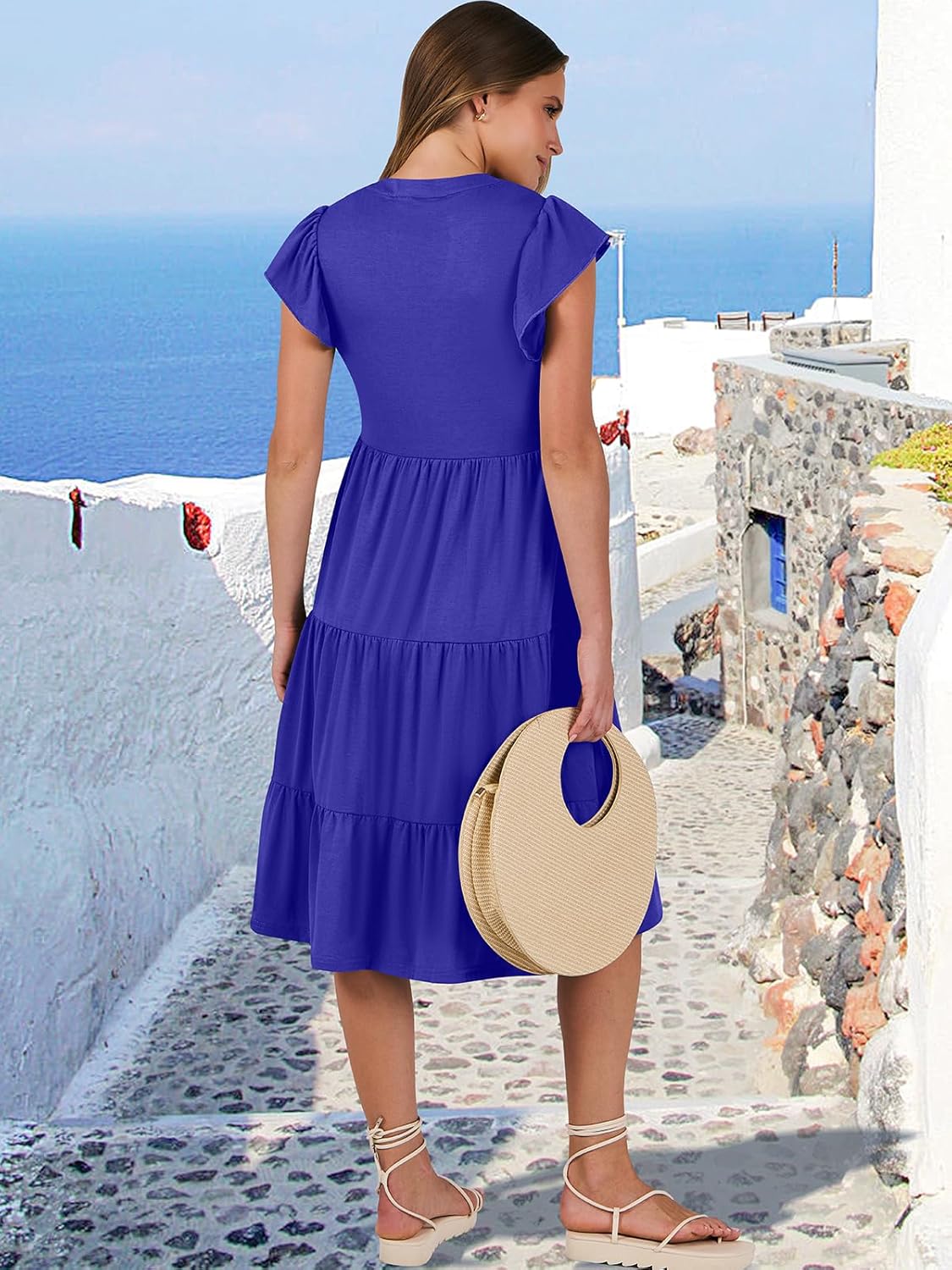 Womens Ruffle Sleeve V Neck Midi Dress Flowy Tiered Boho Beach Vacation Sundress - Picture 116 of 198