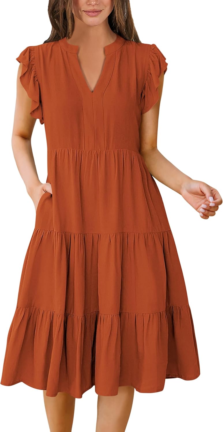 Womens Ruffle Sleeve V Neck Midi Dress Flowy Tiered Boho Beach Vacation Sundress - Picture 117 of 198