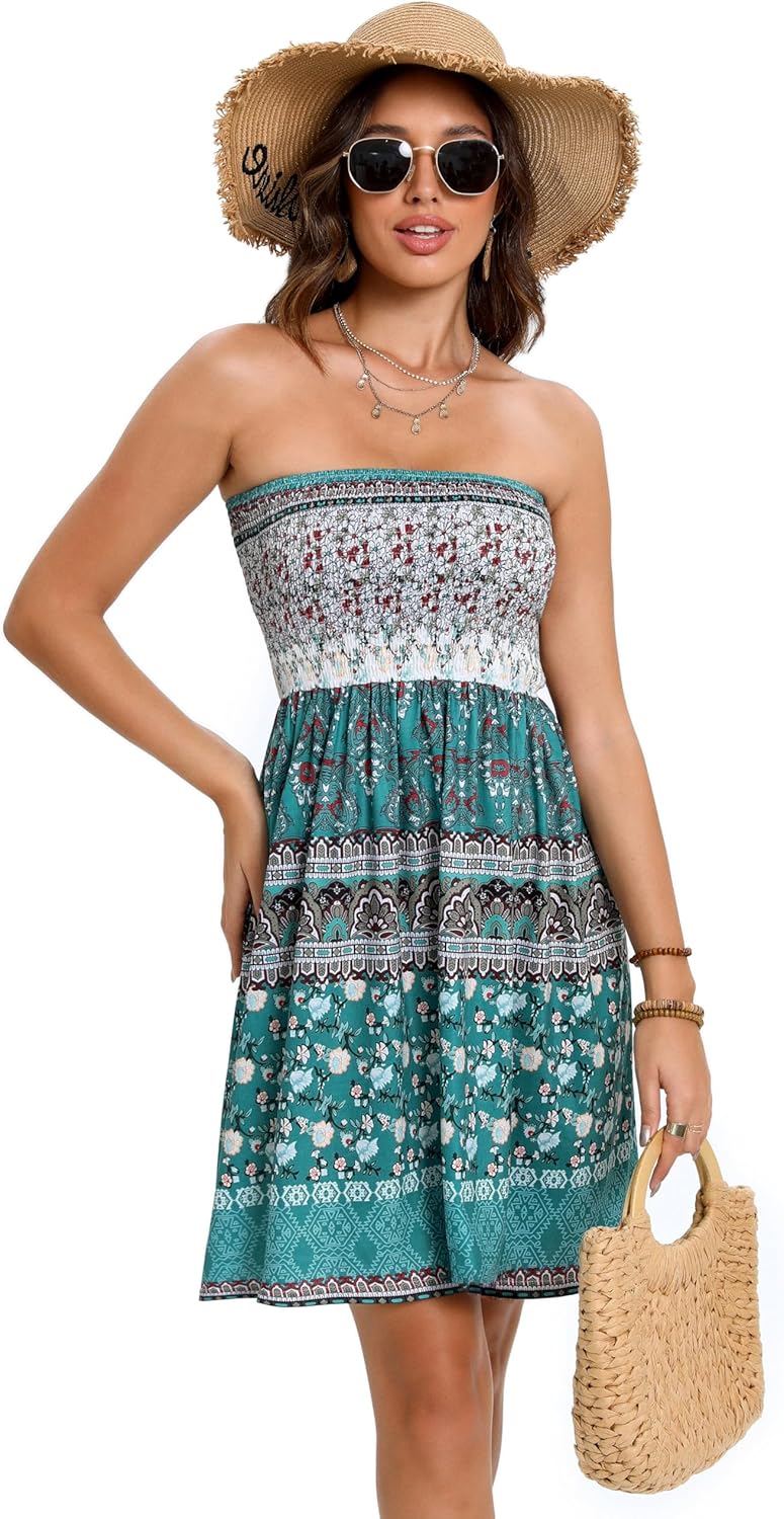 Summer Dresses for Women Beach Cover Ups Strapless Boho Floral Print Sundress - Picture 142 of 248