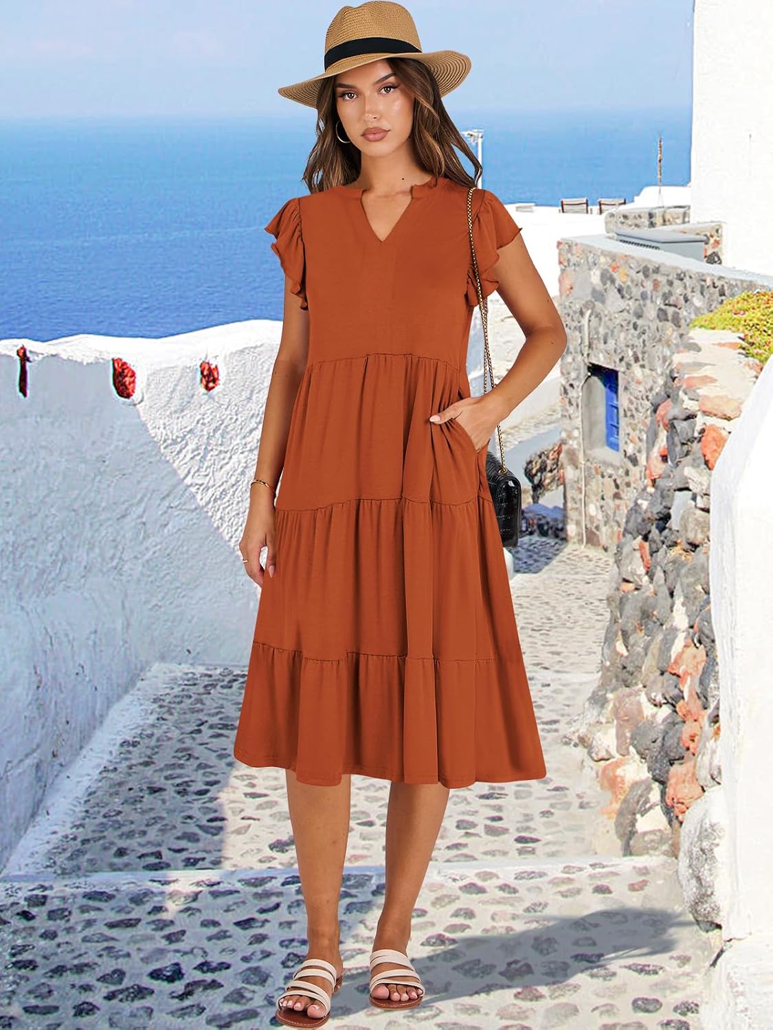 Womens Ruffle Sleeve V Neck Midi Dress Flowy Tiered Boho Beach Vacation Sundress - Picture 118 of 198