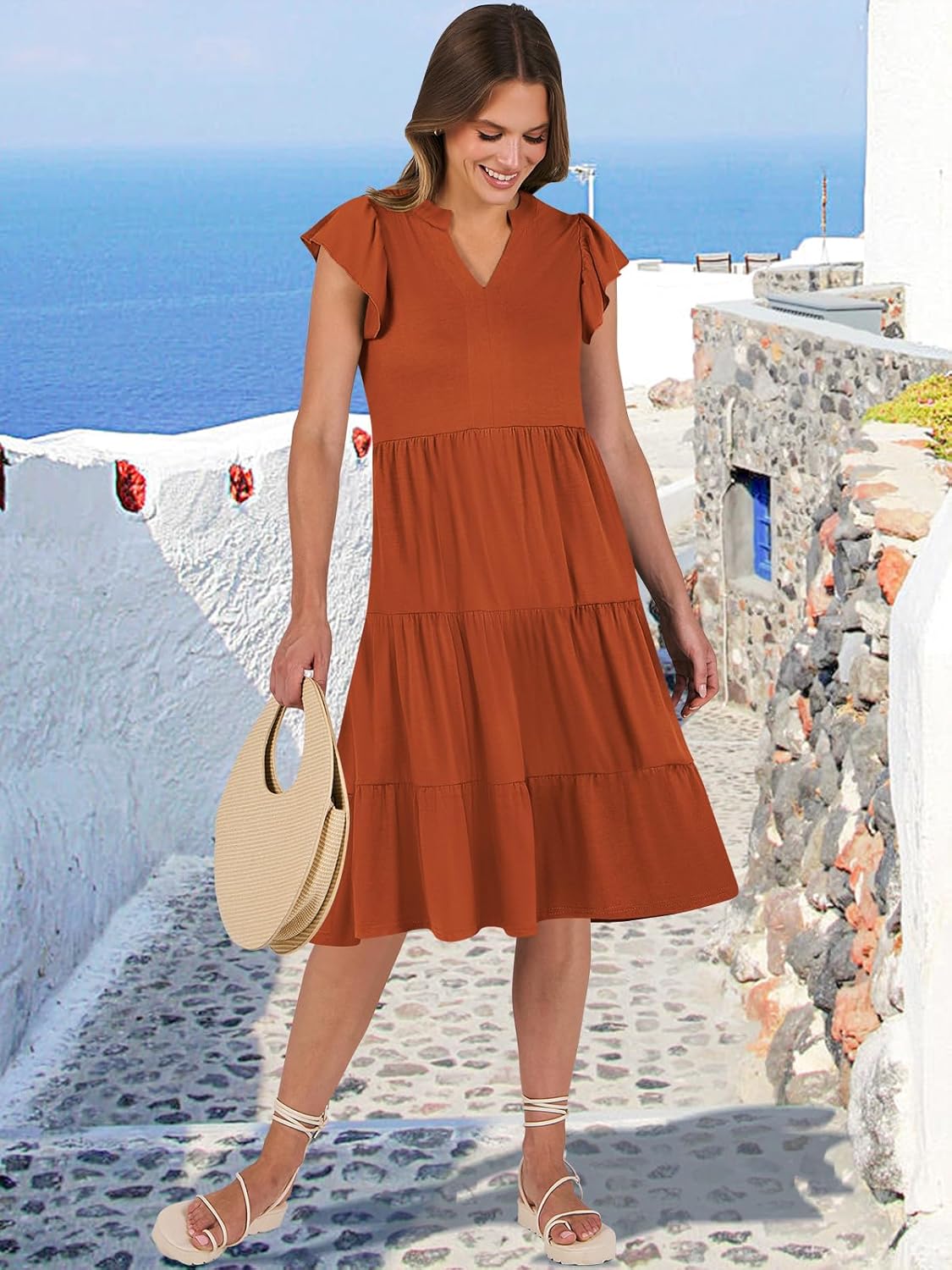 Womens Ruffle Sleeve V Neck Midi Dress Flowy Tiered Boho Beach Vacation Sundress - Picture 120 of 198
