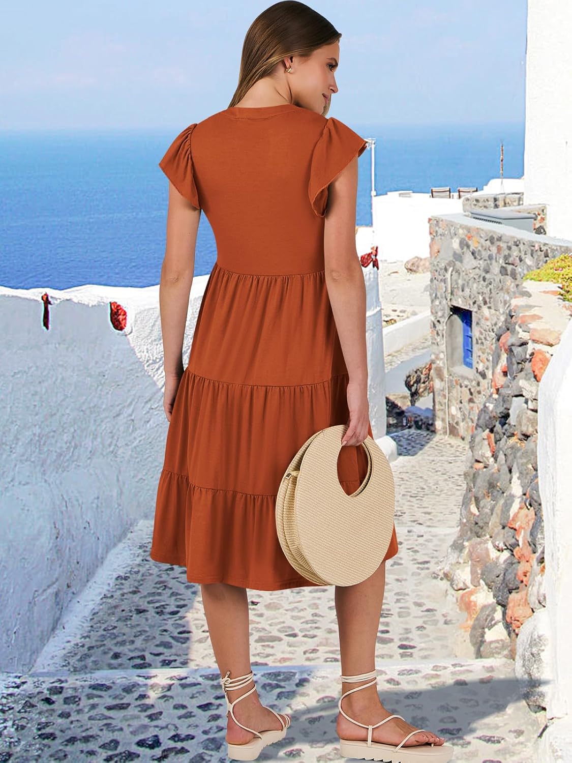 Womens Ruffle Sleeve V Neck Midi Dress Flowy Tiered Boho Beach Vacation Sundress - Picture 121 of 198