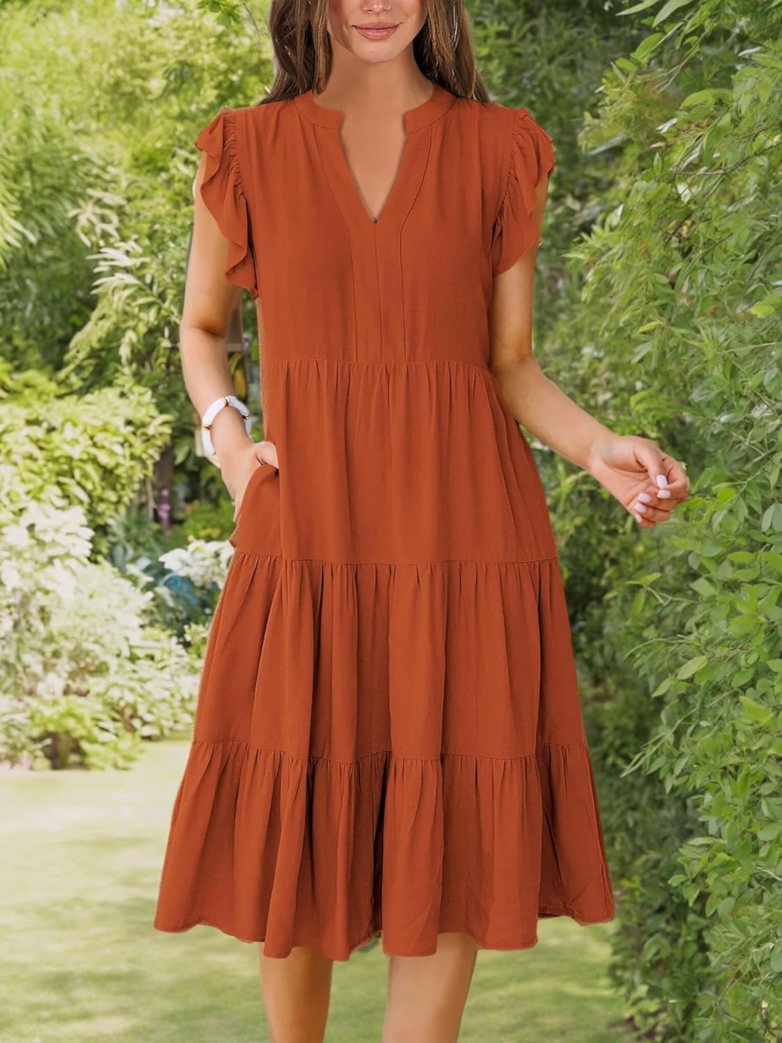 Womens Ruffle Sleeve V Neck Midi Dress Flowy Tiered Boho Beach Vacation Sundress - Picture 123 of 198