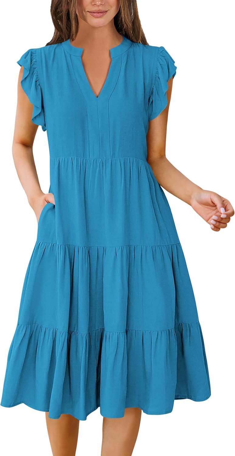 Womens Ruffle Sleeve V Neck Midi Dress Flowy Tiered Boho Beach Vacation Sundress - Picture 124 of 198