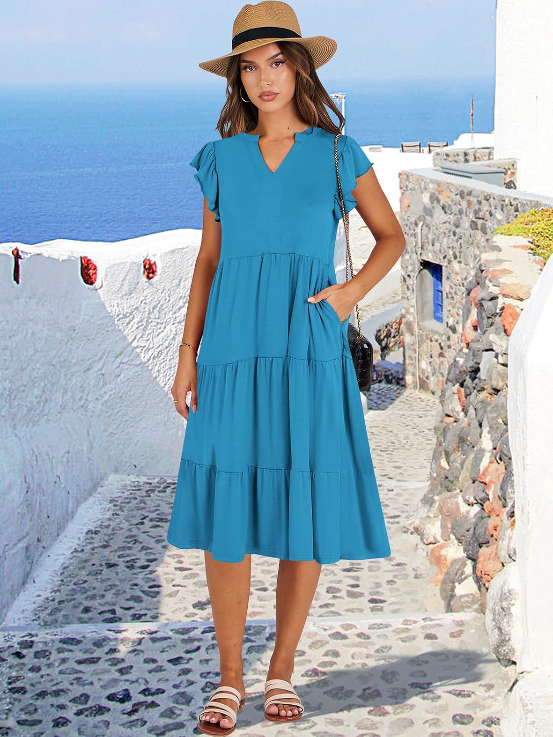 Womens Ruffle Sleeve V Neck Midi Dress Flowy Tiered Boho Beach Vacation Sundress - Picture 125 of 198