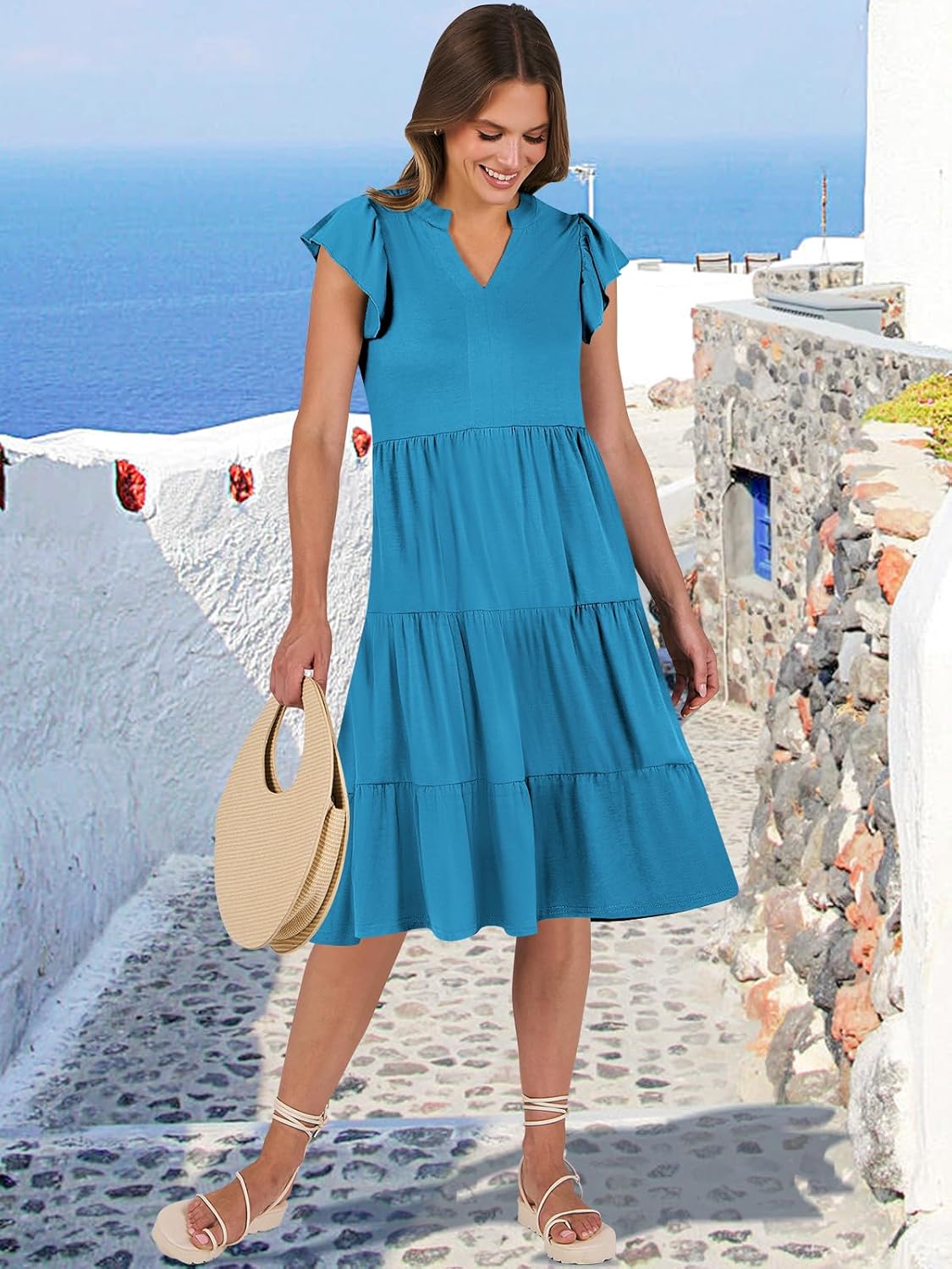 Womens Ruffle Sleeve V Neck Midi Dress Flowy Tiered Boho Beach Vacation Sundress - Picture 127 of 198