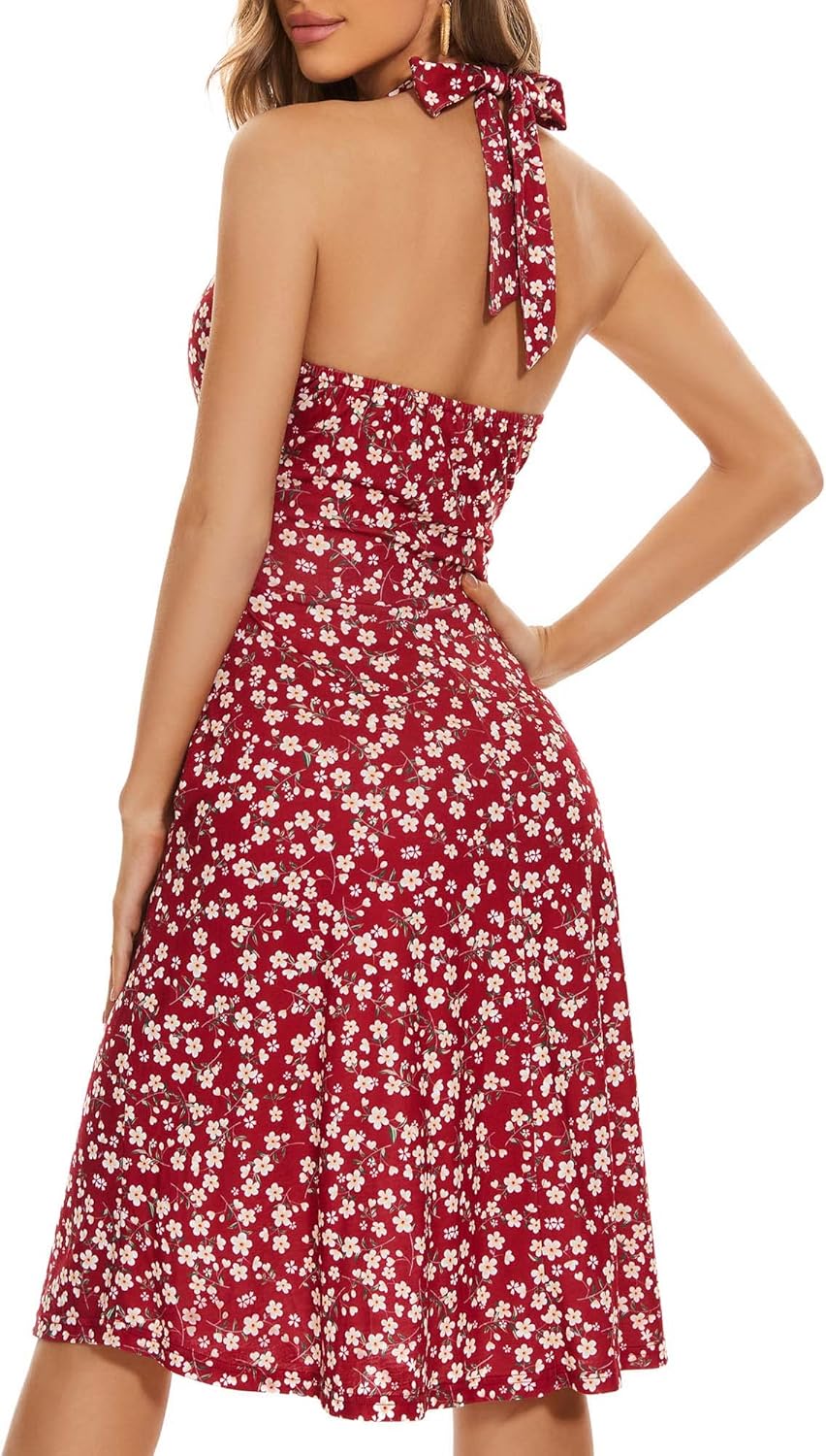 Women's Sleeveless Halter Neck Sundress Floral Mini Dress with Pocket Ruffle - Picture 57 of 166