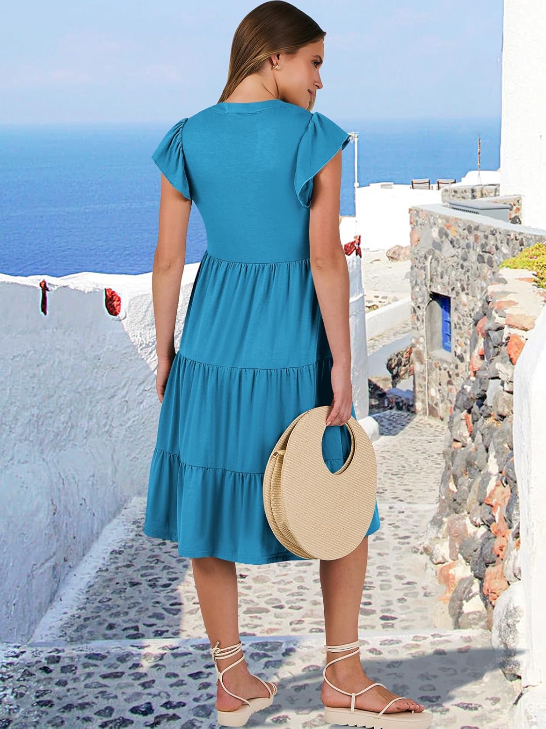 Womens Ruffle Sleeve V Neck Midi Dress Flowy Tiered Boho Beach Vacation Sundress - Picture 128 of 198