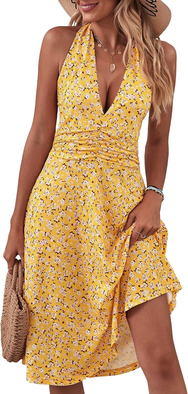 Women's Sleeveless Halter Neck Sundress Floral Mini Dress with Pocket Ruffle - Picture 48 of 166