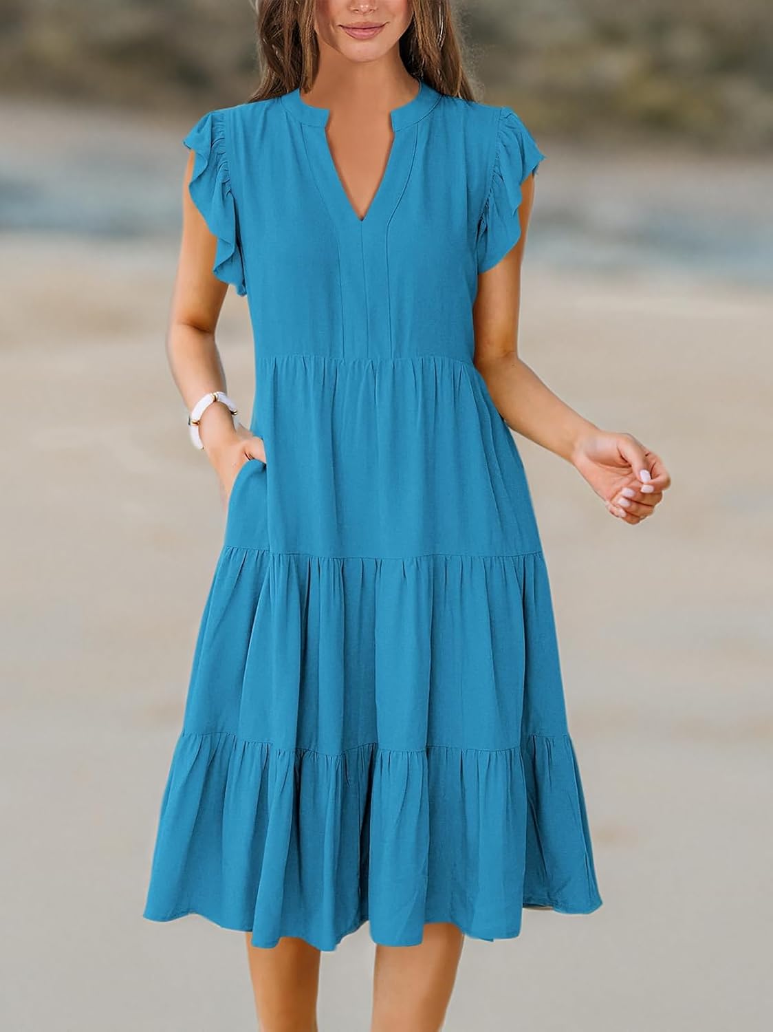 Womens Ruffle Sleeve V Neck Midi Dress Flowy Tiered Boho Beach Vacation Sundress - Picture 130 of 198