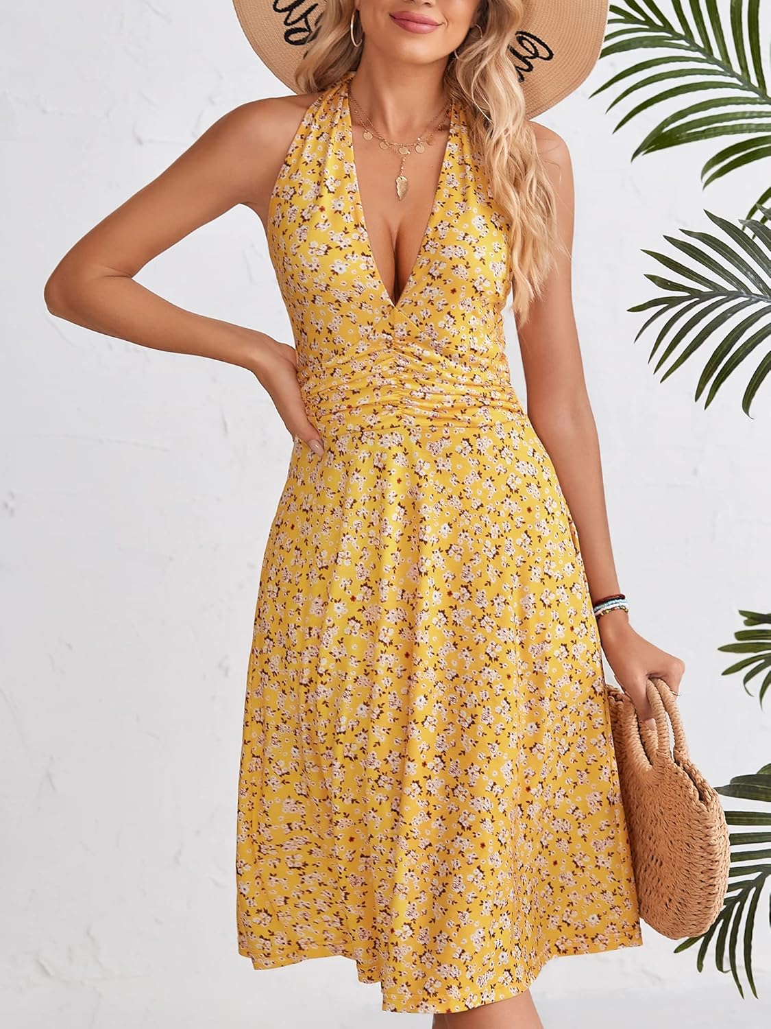 Women's Sleeveless Halter Neck Sundress Floral Mini Dress with Pocket Ruffle - Picture 49 of 166
