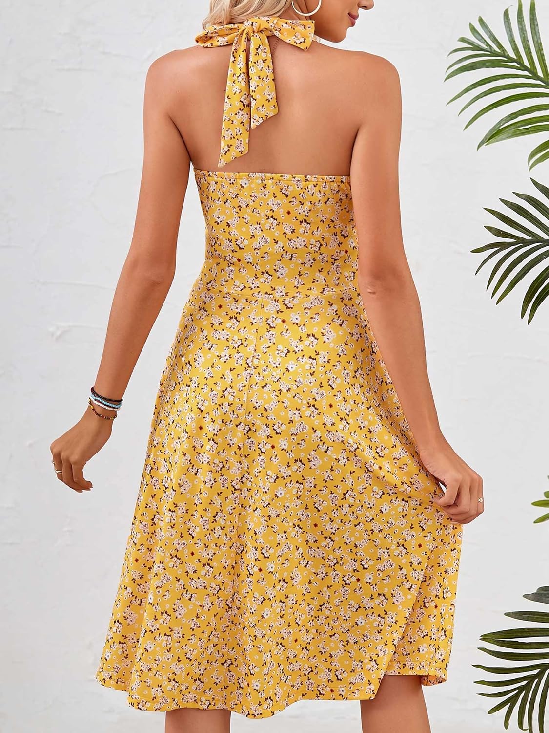 Women's Sleeveless Halter Neck Sundress Floral Mini Dress with Pocket Ruffle - Picture 50 of 166