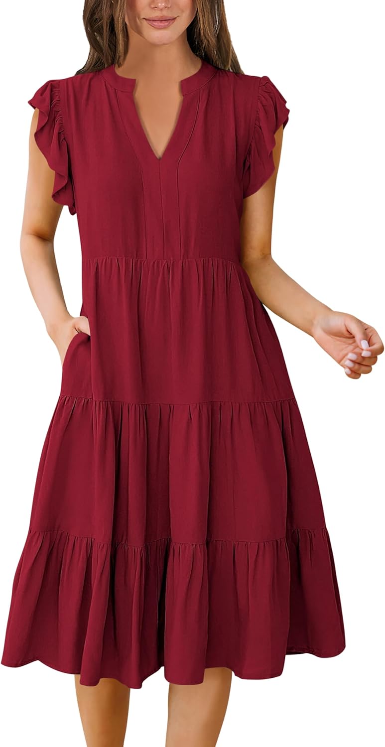 Womens Ruffle Sleeve V Neck Midi Dress Flowy Tiered Boho Beach Vacation Sundress - Picture 131 of 198