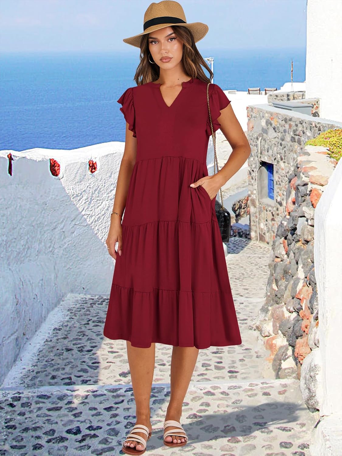 Womens Ruffle Sleeve V Neck Midi Dress Flowy Tiered Boho Beach Vacation Sundress - Picture 132 of 198