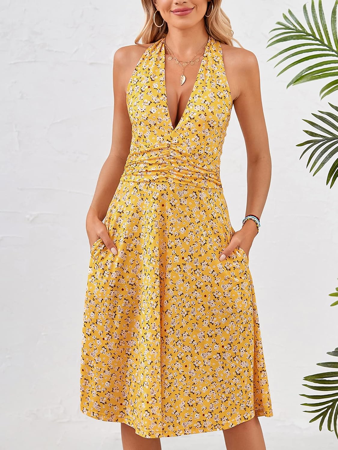 Women's Sleeveless Halter Neck Sundress Floral Mini Dress with Pocket Ruffle - Picture 51 of 166