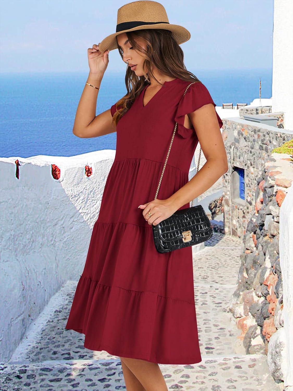 Womens Ruffle Sleeve V Neck Midi Dress Flowy Tiered Boho Beach Vacation Sundress - Picture 133 of 198