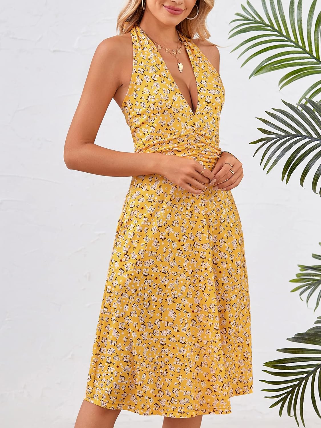 Women's Sleeveless Halter Neck Sundress Floral Mini Dress with Pocket Ruffle - Picture 52 of 166