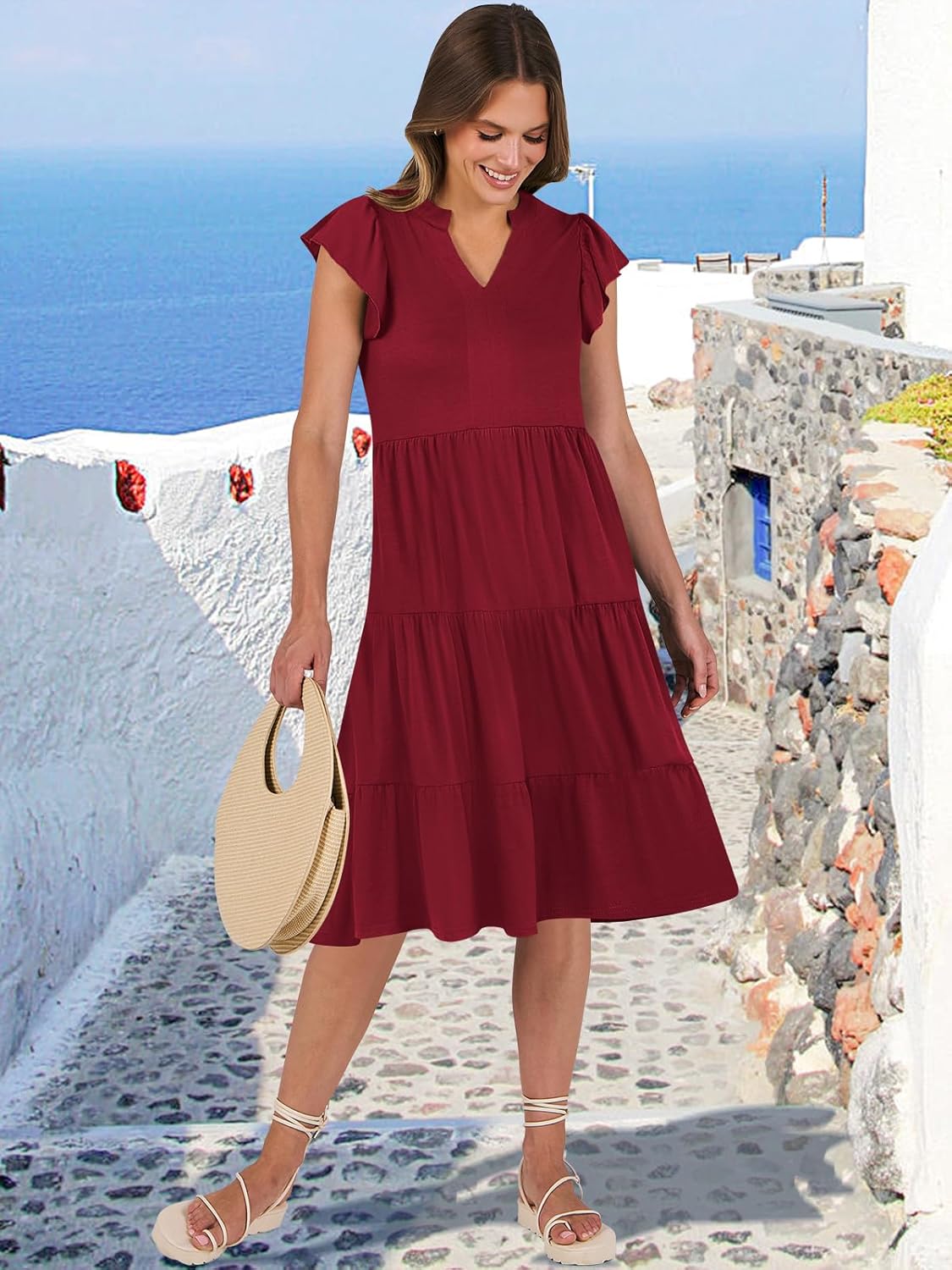 Womens Ruffle Sleeve V Neck Midi Dress Flowy Tiered Boho Beach Vacation Sundress - Picture 134 of 198