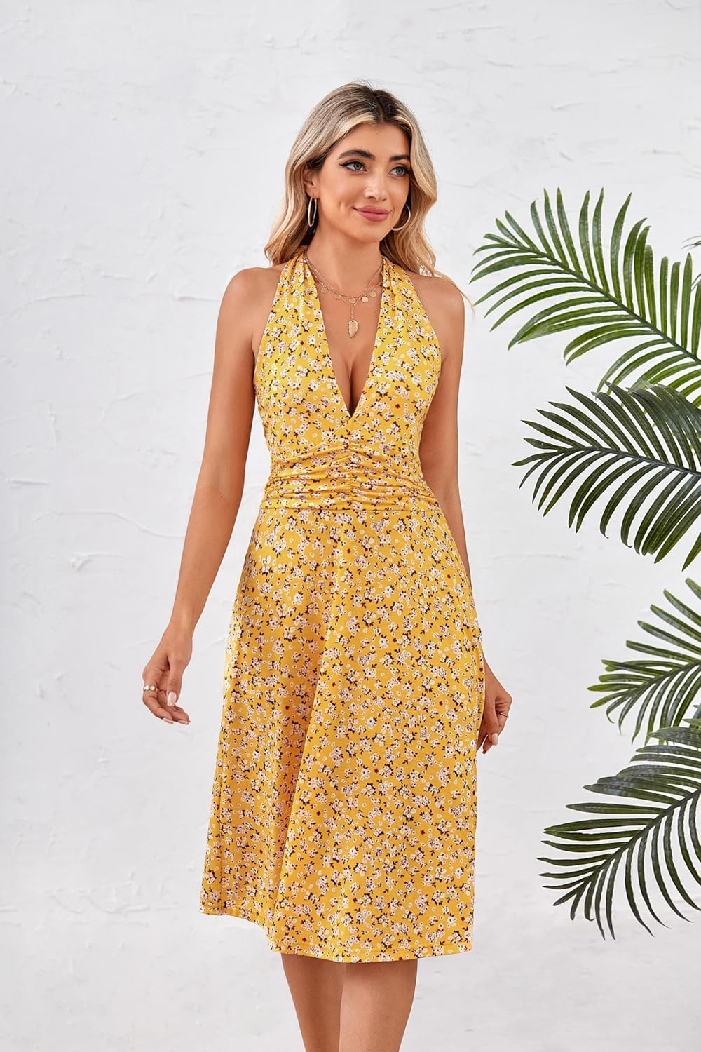 Women's Sleeveless Halter Neck Sundress Floral Mini Dress with Pocket Ruffle - Picture 53 of 166