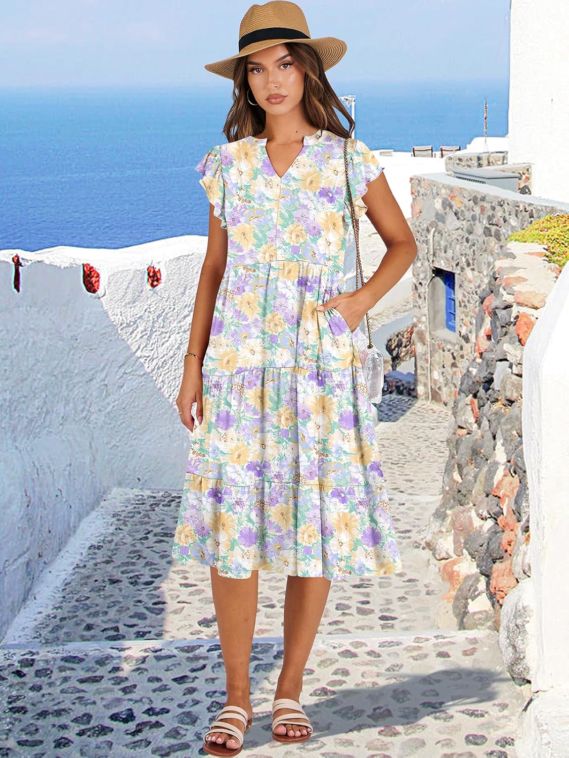 Womens Ruffle Sleeve V Neck Midi Dress Flowy Tiered Boho Beach Vacation Sundress - Picture 138 of 198