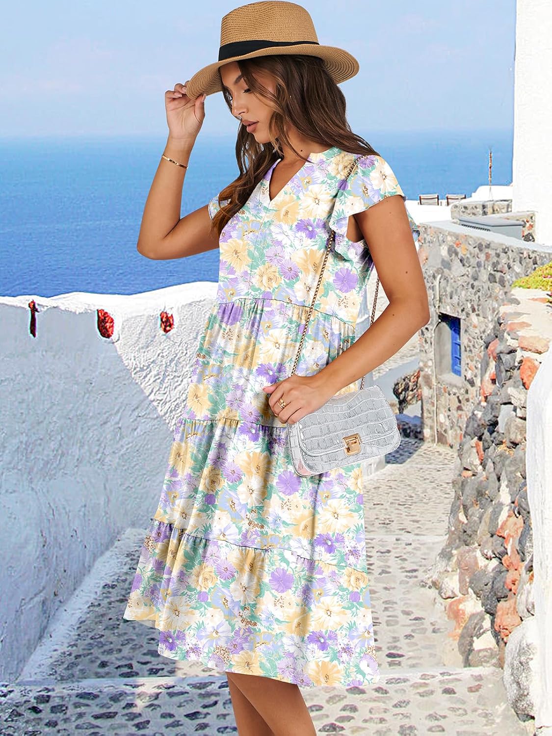 Womens Ruffle Sleeve V Neck Midi Dress Flowy Tiered Boho Beach Vacation Sundress - Picture 139 of 198