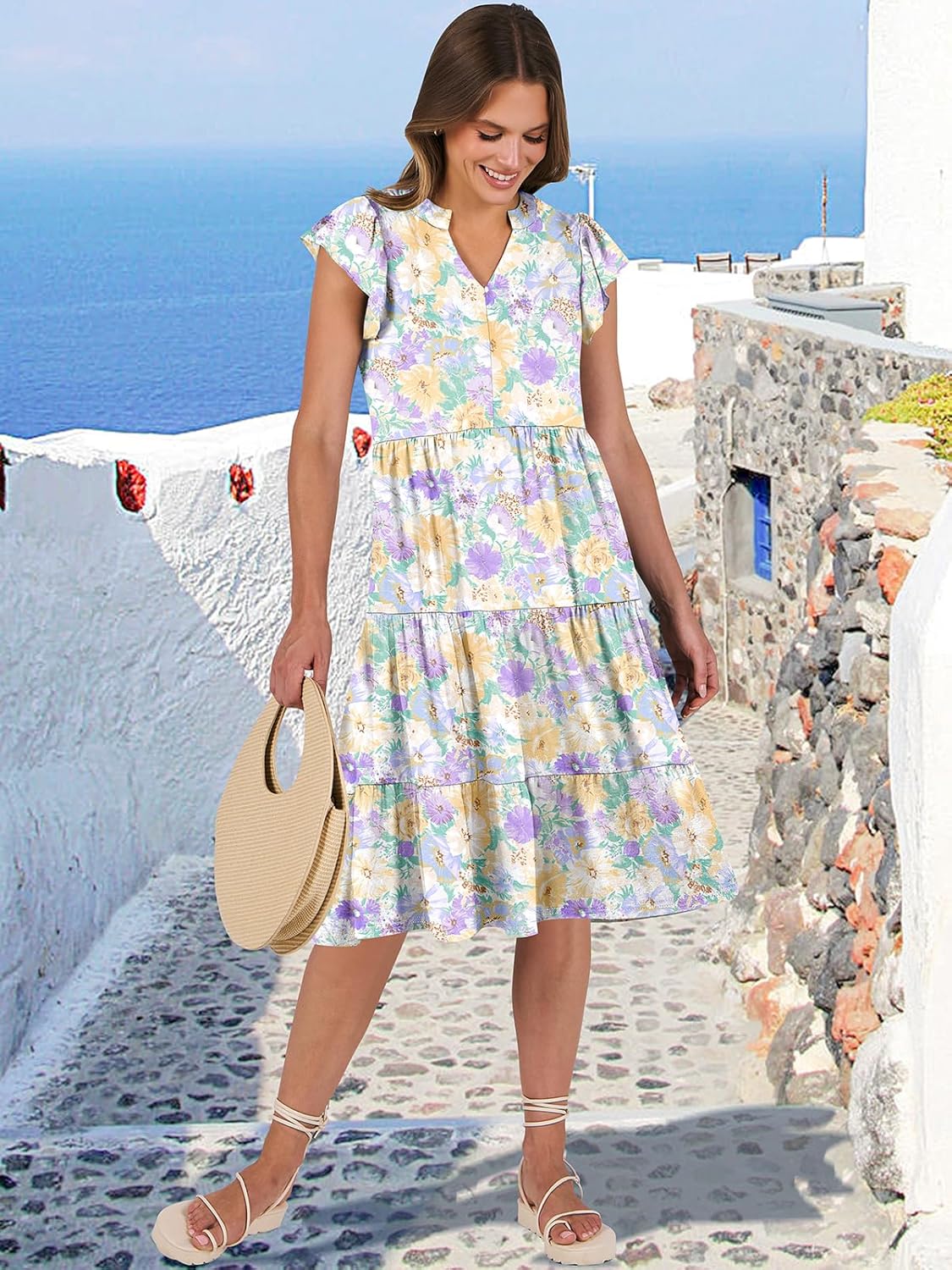 Womens Ruffle Sleeve V Neck Midi Dress Flowy Tiered Boho Beach Vacation Sundress - Picture 140 of 198