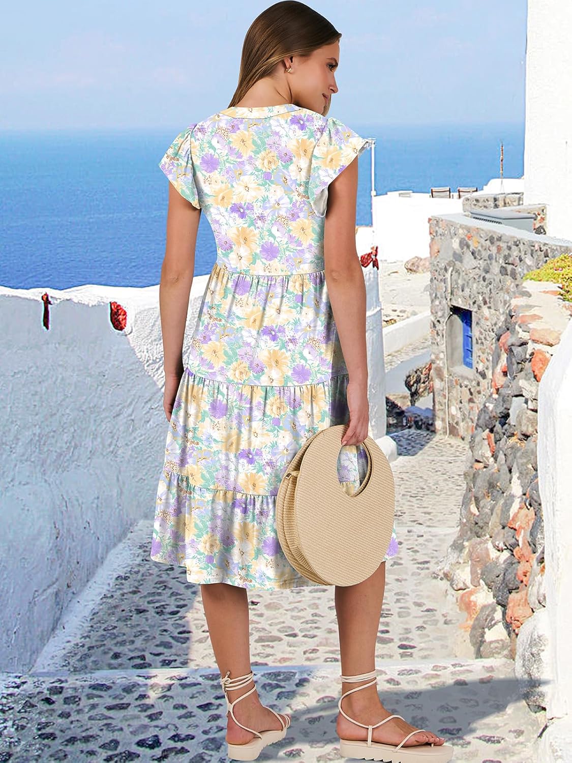 Womens Ruffle Sleeve V Neck Midi Dress Flowy Tiered Boho Beach Vacation Sundress - Picture 141 of 198
