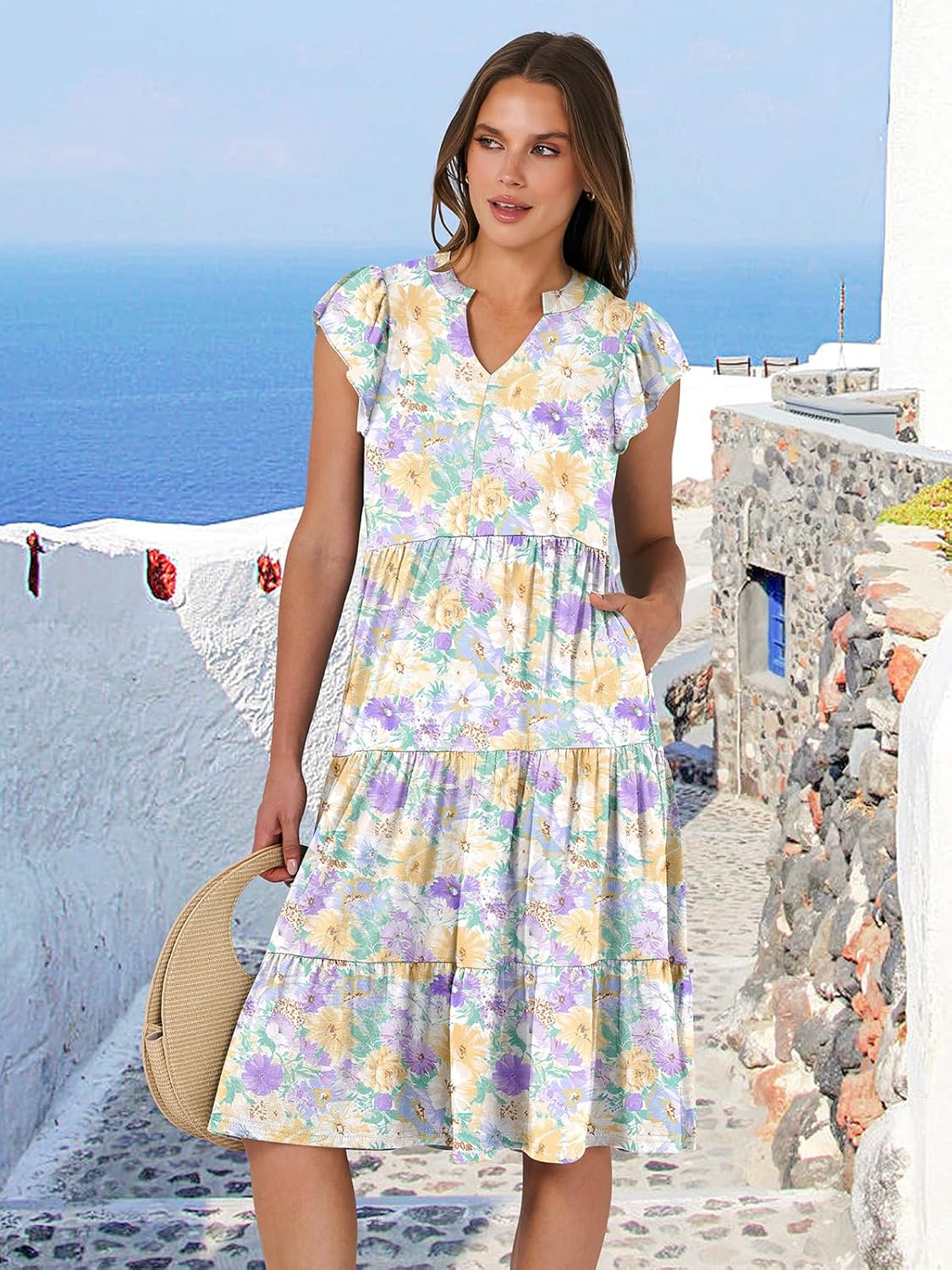 Womens Ruffle Sleeve V Neck Midi Dress Flowy Tiered Boho Beach Vacation Sundress - Picture 142 of 198