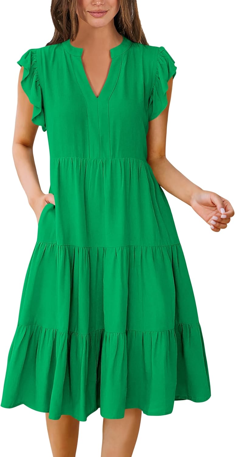 Womens Ruffle Sleeve V Neck Midi Dress Flowy Tiered Boho Beach Vacation Sundress - Picture 143 of 198
