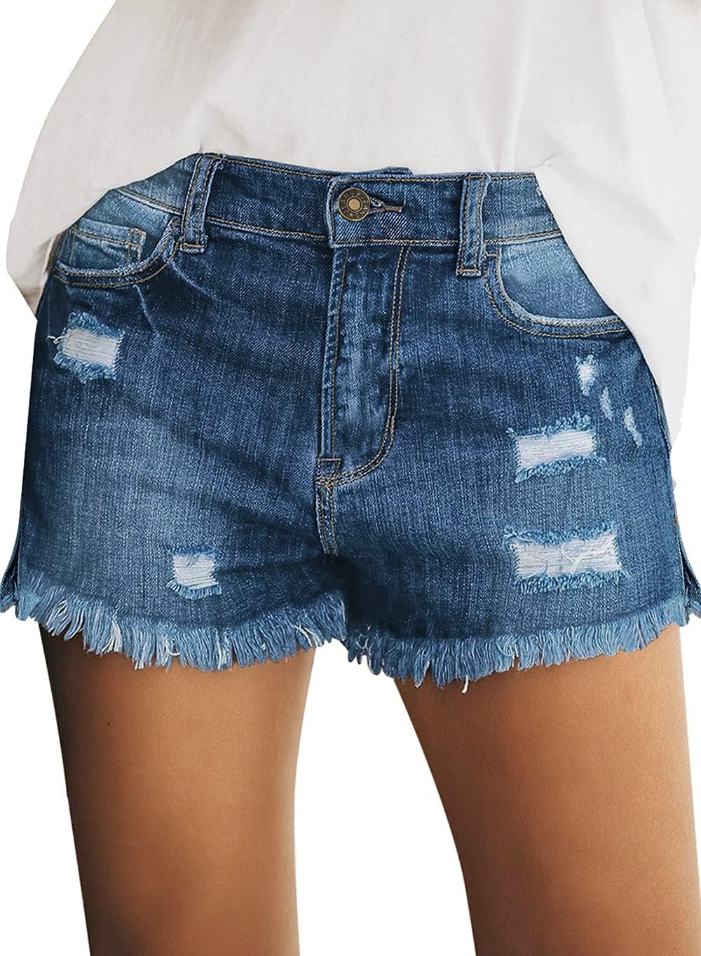 Women's Casual Mid Rise Denim Shorts Stretch Ripped Raw Hem Jean Shorts - Picture 62 of 142